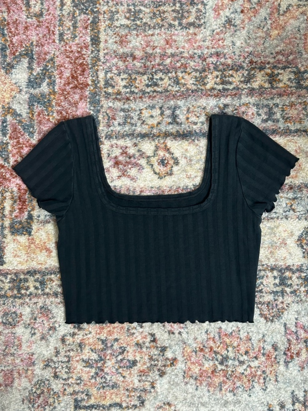 Offline by Aerie Black Ribbed Square Neck Crop Top Short Sleeve Mineral Wash M